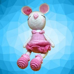 CROCHET KNITTED GIRL MOUSE WEARS DRESS 12" DOLLS